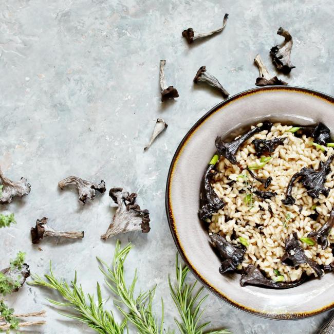 Creamy black trumpet risotto